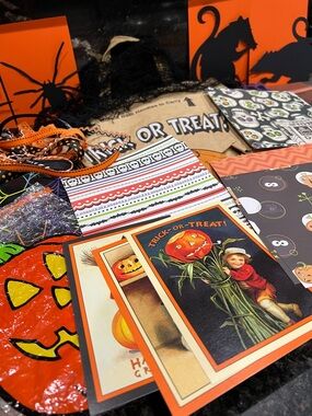 59 Piece Junk Journal Lot Halloween Ephemera, Paper, and Ribbon Arts Crafts